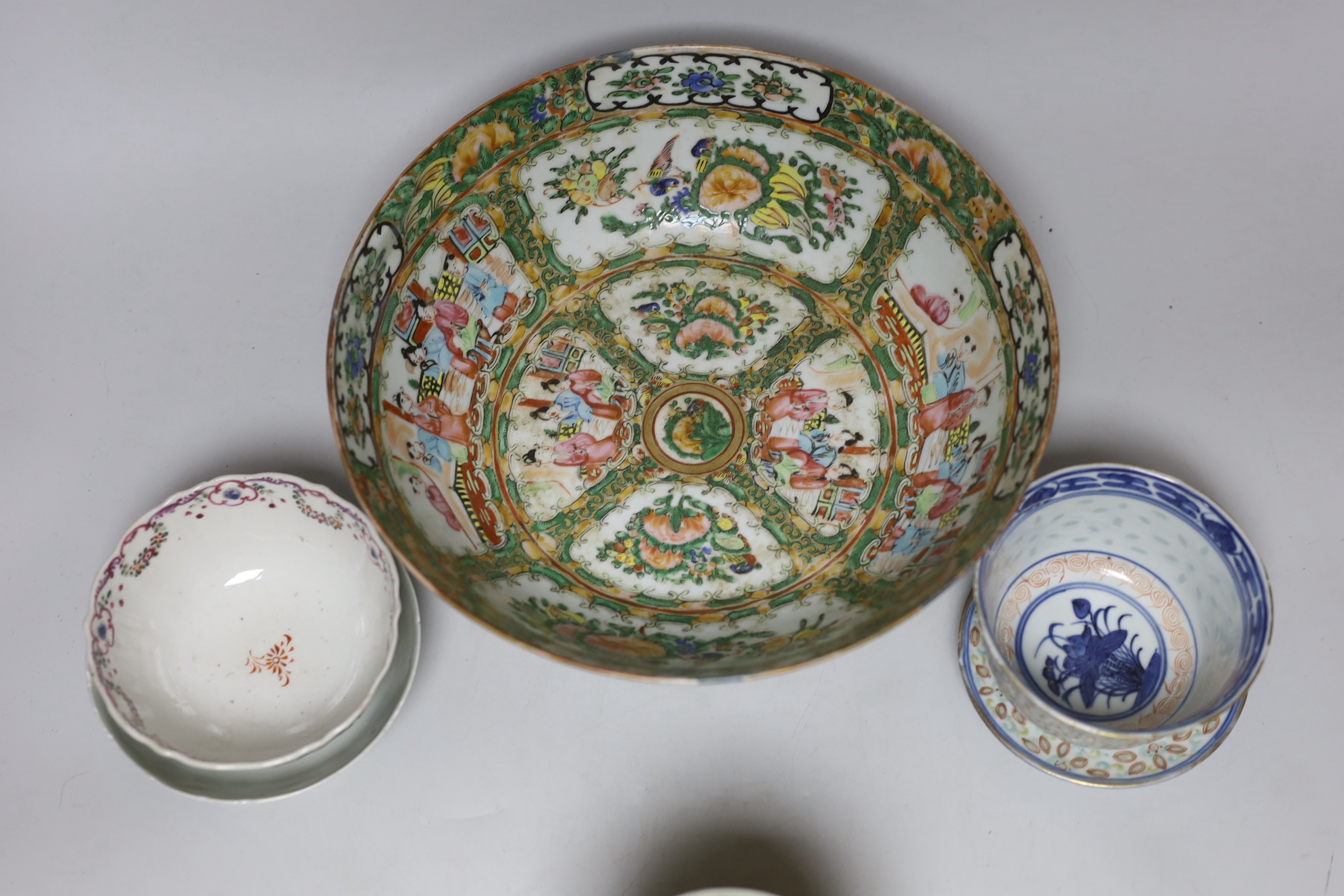 A Chinese celadon brush pot, a Cantonese bowl, two rice bowls and a rice bowl on stand, Cantonese bowl 26cm diameter